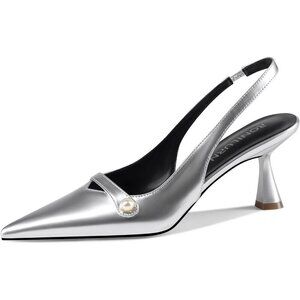 🆕Women Silver Faux Leather Kitten Heels Slingback Pearl Pumps